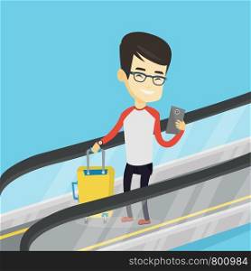 Asian man using smartphone on escalator in airport. Man standing on escalator with suitcase and looking at mobile phone. Man going down on escalator. Vector flat design illustration. Square layout.. Man using smartphone on escalator in airport.