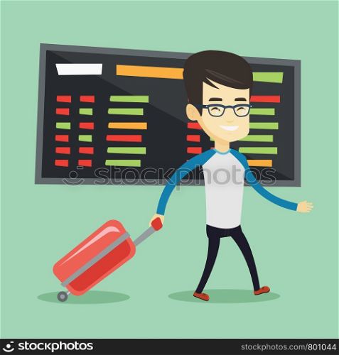 Asian man walking at the airport. Passenger with suitcase walking on the background of schedule board at the airport. Man pulling suitcase in airport. Vector flat design illustration. Square layout.. Man walking with suitcase at the airport.