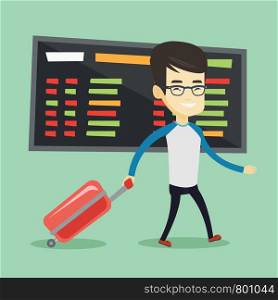 Asian man walking at the airport. Passenger with suitcase walking on the background of schedule board at the airport. Man pulling suitcase in airport. Vector flat design illustration. Square layout.. Man walking with suitcase at the airport.