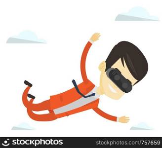 Asian man wearing virtual reality headset and flying. Man in vr device having fun while playing videogame. Man flying in virtual reality. Vector flat design illustration isolated on white background.. Businessman in vr headset flying in the sky.