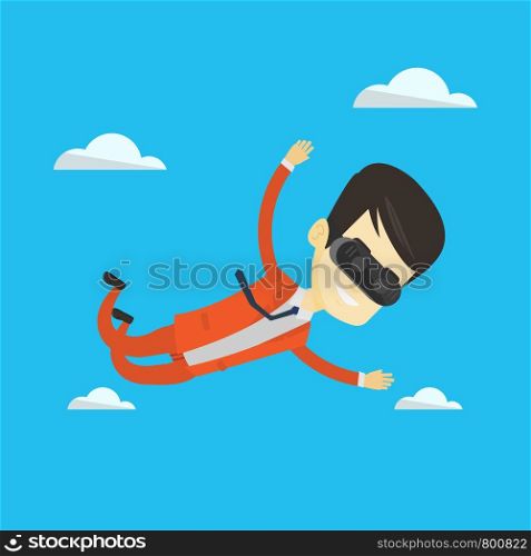 Asian man wearing virtual reality headset and flying in the sky. Man in vr device having fun while playing videogame. Man flying in virtual reality. Vector flat design illustration. Square layout.. Businessman in vr headset flying in the sky.