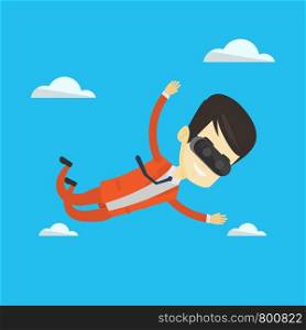 Asian man wearing virtual reality headset and flying in the sky. Man in vr device having fun while playing videogame. Man flying in virtual reality. Vector flat design illustration. Square layout.. Businessman in vr headset flying in the sky.