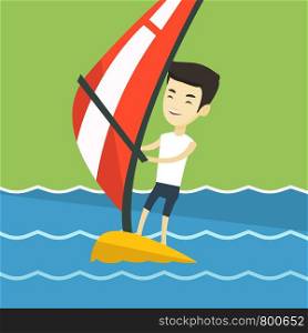 Asian man windsurfing at bright summer day. Man standing on the board with sail for surfing. Man learning to windsurf. Windsurfer training on the water. Vector flat design illustration. Square layout.. Young man windsurfing in the sea.