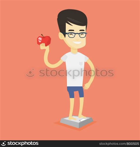 Asian man with apple in hand weighing after diet. Young man satisfied with the result of his diet. Man on a diet. Dieting and healthy lifestyle concept. Vector flat design illustration. Square layout.. Man standing on scale and holding apple in hand.