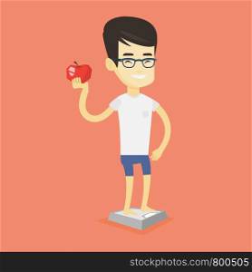 Asian man with apple in hand weighing after diet. Young man satisfied with the result of his diet. Man on a diet. Dieting and healthy lifestyle concept. Vector flat design illustration. Square layout.. Man standing on scale and holding apple in hand.