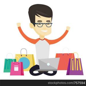 Asian man with hands up using laptop for shopping online. Happy customer sitting with shopping bags around him. Man doing online shopping. Vector flat design illustration isolated on white background.. Man shopping online vector illustration.