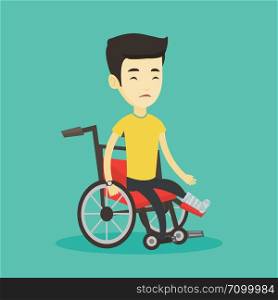 Asian man with leg in plaster suffering from pain. Injured upset man sitting in wheelchair with broken leg. Man with fractured leg sitting in wheelchair. Vector flat design illustration. Square layout. Man with broken leg sitting in wheelchair.