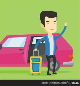 Asian man with suitcase standing on the background of car with open door. Young happy man waving in front of car. Happy man going to vacation by car. Vector flat design illustration. Square layout.. Young asian man traveling by car.