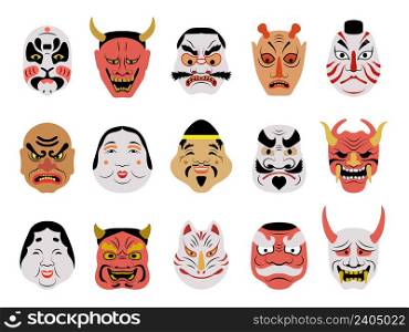 Asian mask. Tattoo salon face japanese authentic portraits colored woman body art theatrical masks wolf and fox recent vector pictures set. Illustration of japan mask face, traditional design art. Asian mask. Tattoo salon face japanese authentic portraits colored woman body art theatrical masks wolf and fox recent vector pictures set
