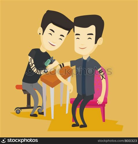 Asian master tattoo artist makes a tattoo on the hand of young man. Tattooist makes a tattoo to a male client. Professional tattoo artist at work. Vector flat design illustration. Square layout.. Tattoo artist at work vector illustration.
