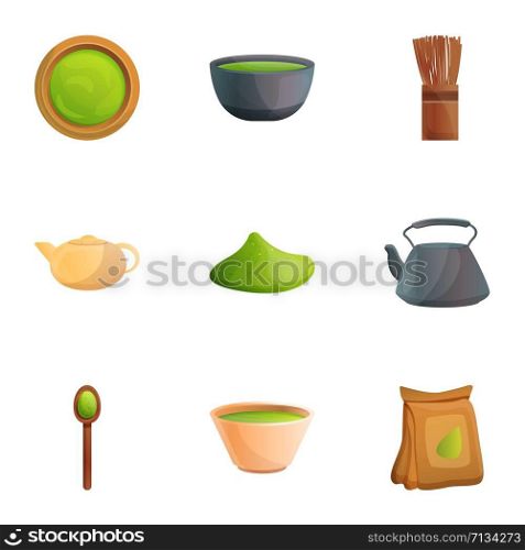 Asian matcha tea icon set. Cartoon set of 9 asian matcha tea vector icons for web design isolated on white background. Asian matcha tea icon set, cartoon style