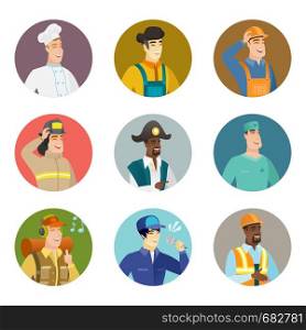 Asian mechanic singing to the microphone. Mechanic singing with closed eyes. Happy mechanic singing to the mic. Set of vector flat design illustrations in the circle isolated on white background.. Vector set of characters of different professions.