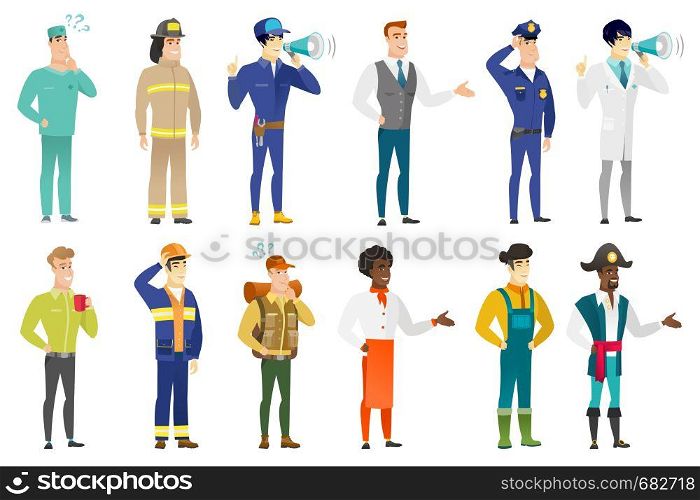 Asian mechanic with a loudspeaker making an announcement. Full length of mechanic making an announcement through a loudspeaker. Set of vector flat design illustrations isolated on white background.. Vector set of professions characters.