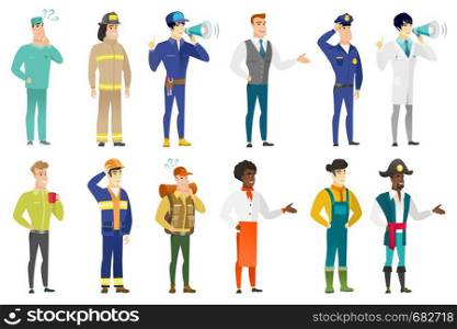 Asian mechanic with a loudspeaker making an announcement. Full length of mechanic making an announcement through a loudspeaker. Set of vector flat design illustrations isolated on white background.. Vector set of professions characters.