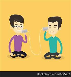 Asian men discussing something using tin can telephone. Hipster man getting message from friend on tin can phone. Friends talking through a tin phone. Vector flat design illustration. Square layout.. Young friends talking through tin phone.