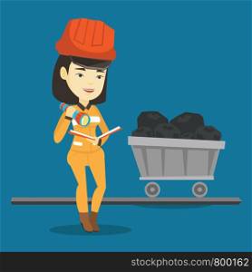 Asian miner checking documents with the flashlight on the background of trolley with coal. Mine worker in hard hat. Miner working in the coal mine. Vector flat design illustration. Square layout.. Miner checking documents vector illustration.