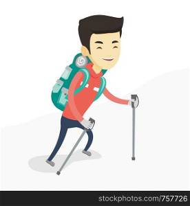Asian mountaineer climbing a snowy ridge. Young happy mountaineer climbing a mountain. Mountaineer with backpack walking up along a ridge. Vector flat design illustration isolated on white background.. Young mountaneer climbing a snowy ridge.