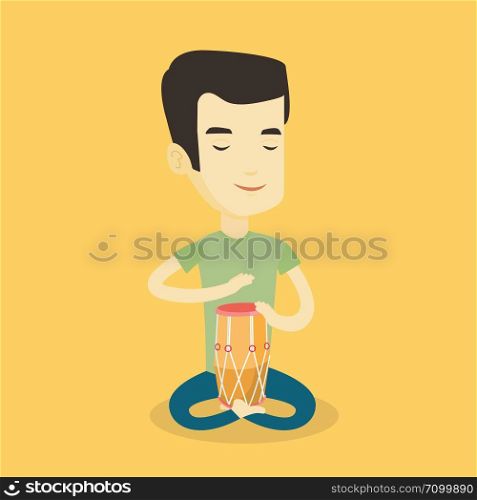 Asian mucisian playing ethnic drum. Young mucisian with eyes closed playing ethnic drum. Man playing ethnic music on tom-tom. Vector flat design illustration. Square layout.. Man playing ethnic drum vector illustration.