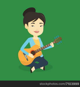 Asian musician playing an acoustic guitar. Friendly musician sitting with guitar in hands. Young female guitarist practicing in playing guitar. Vector flat design illustration. Square layout.. Woman playing acoustic guitar vector illustration.