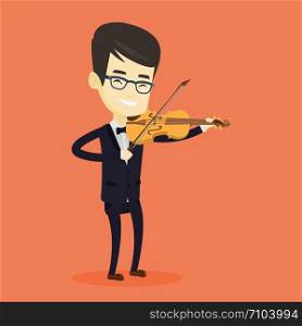 Asian musician standing with violin. Young smiling musician playing violin. Cheerful violinist playing classical music on violin. Vector flat design illustration. Square layout.. Man playing violin vector illustration.