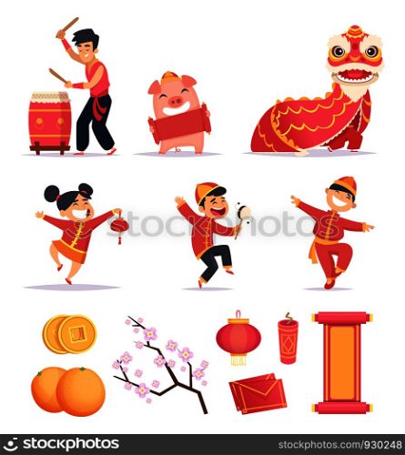 Asian new year. Happy chinese people celebrate 2019 with traditional symbols dragons lantern firecrackers vector pictures. Illustration of elements for chinese new year pig, dance festival china. Asian new year. Happy chinese people celebrate 2019 with traditional symbols dragons lantern firecrackers vector pictures