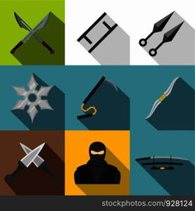 Asian ninja arsenal icon set. Flat style set of 9 asian ninja arsenal vector icons for web design. Asian ninja arsenal icon set, flat style