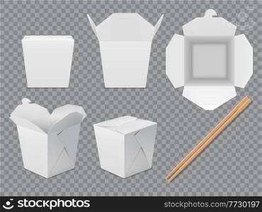 Asian noodle box package mockup. Isolated paper chinese takeaway food box set. White wok packaging with sticks. Vector 3d takeaway food packs and bamboo chopsticks, closed and open realistic boxes. Asian noodle box package mockup, isolated food box