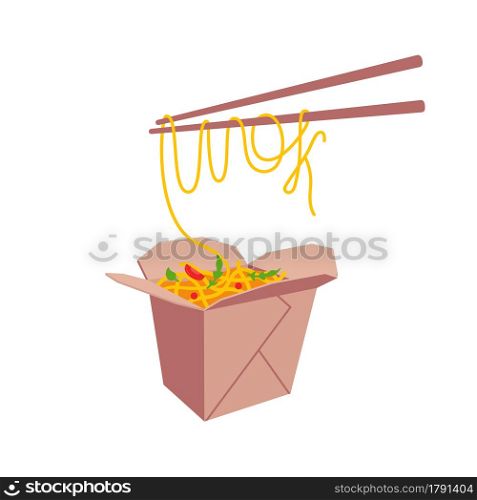 Asian noodle in cardboard box with text wok made with noodles on chopstick. Asian food concept vector illustration