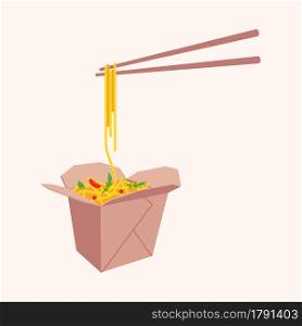 Asian noodle with vegetables in paper box and chopsticks with noodles vector illustration