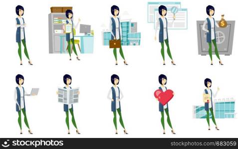 Asian office worker holding clipboard and giving thumb up. Young office worker with clipboard. Office worker showing clipboard. Set of vector flat design illustrations isolated on white background.. Vector set of illustrations with business people.