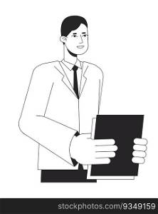 Asian office worker holding paperwork bw vector spot illustration. Male white collar worker 2D cartoon flat line monochromatic character for web UI design. Editable isolated outline hero image. Asian office worker holding paperwork bw vector spot illustration