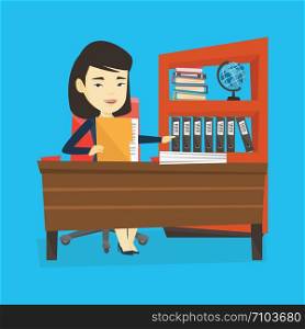 Asian office worker working with documents. Young office worker sitting at the table with documents. Smiling office worker inspecting documents. Vector flat design illustration. Square layout.. Office worker working with documents.