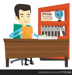 Asian office worker working with documents. Young office worker sitting at the table with documents. Office worker inspecting documents. Vector flat design illustration isolated on white background.. Office worker working with documents.