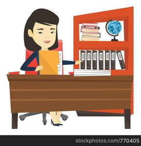 Asian office worker working with documents. Young office worker sitting at the table with documents. Office worker inspecting documents. Vector flat design illustration isolated on white background.. Office worker working with documents.