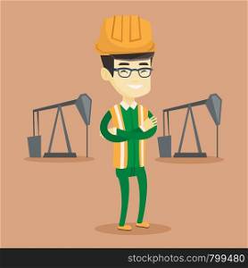 Asian oil worker in uniform and helmet. Confident oil worker standing with crossed arms. Smiling oil worker standing on the background of pump jack. Vector flat design illustration. Square layout.. Confident oil worker vector illustration.