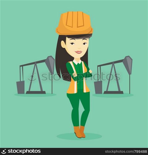 Asian oil worker in uniform and helmet. Confident oil worker standing with crossed arms. Smiling oil worker standing on the background of pump jack. Vector flat design illustration. Square layout.. Confident oil worker vector illustration.