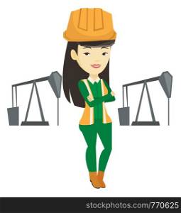 Asian oil worker in uniform and helmet. Young oil worker standing with crossed arms. Oil worker standing on the background of pump jack. Vector flat design illustration isolated on white background.. Confident oil worker vector illustration.