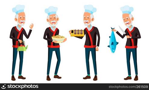 Asian Old Man Poses Set Vector. Elderly Chef In Restaurant. Rolls, Fish. Senior Person. Aged. Funny Announcement, Cover Design. Isolated Illustration. Asian Old Man Poses Set Vector. Elderly Chef In Restaurant. Rolls, Fish. Senior Person. Aged. Funny Announcement, Cover Design. Isolated Cartoon Illustration
