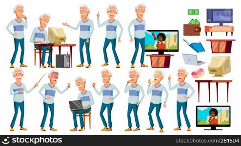 Asian Old Man Poses Set Vector. Gray Hair. Elderly People. Senior Person. Aged. Positive Pensioner. Web, Brochure, Poster Design. Isolated Illustration. Asian Old Man Poses Set Vector. Gray Hair. Elderly People. Senior Person. Aged. Positive Pensioner. Web, Brochure, Poster Design. Isolated Cartoon Illustration