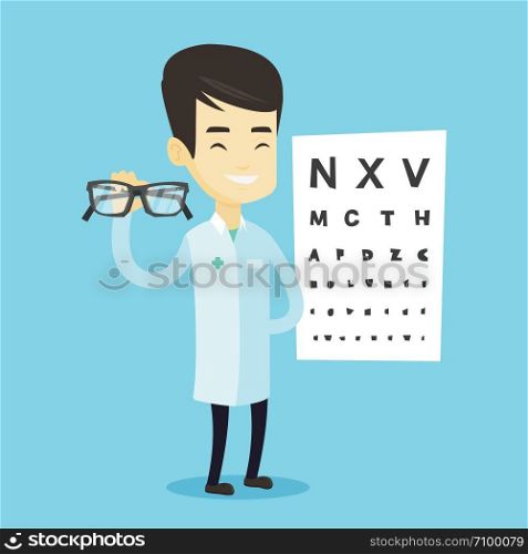 Asian ophthalmologist doctor giving glasses. Ophthalmologist doctor holding eyeglasses on the background of eye chart. Ophthalmologist offering glasses. Vector flat design illustration. Square layout.. Professional ophthalmologist holding eyeglasses.
