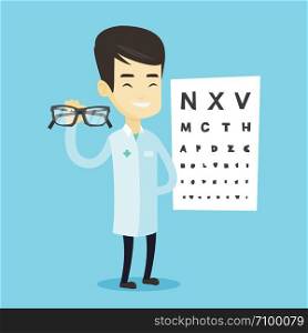 Asian ophthalmologist doctor giving glasses. Ophthalmologist doctor holding eyeglasses on the background of eye chart. Ophthalmologist offering glasses. Vector flat design illustration. Square layout.. Professional ophthalmologist holding eyeglasses.