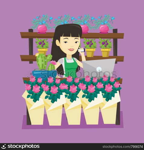 Asian owner of flower shop using phone and laptop to take order. Young owner of flower shop standing behind the counter. Owner of flower shop at work. Vector flat design illustration. Square layout.. Owner of flower shop talking on a phone.