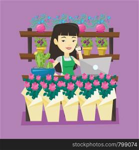 Asian owner of flower shop using phone and laptop to take order. Young owner of flower shop standing behind the counter. Owner of flower shop at work. Vector flat design illustration. Square layout.. Owner of flower shop talking on a phone.