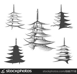 Asian pagoda or buddhist house set. Asian hand drawn pagoda vector illustration. Japanese traditional home or chinese buddhist house architecture isolated on white background