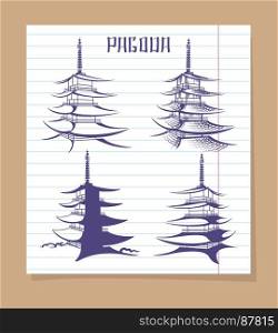 Asian pagoda set on notebook page. Set of asian pagoda on notebook page background. Vector illustration