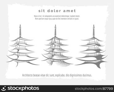 Asian pagoda set on vintage backdrop. Asian pagoda set on grey vintage backdrop, vector illustration