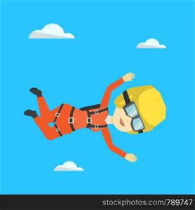 Asian parachutist jumping with parachute. Professional female parachutist falling through the air. Happy young woman flying with parachute in clouds. Vector flat design illustration. Square layout.. Asian parachutist jumping with parachute.