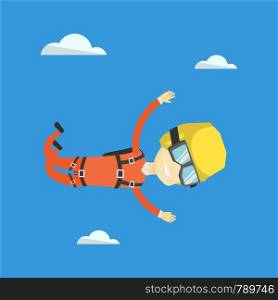 Asian parachutist jumping with parachute. Professional male parachutist falling through the air. Happy young man flying with parachute in clouds. Vector flat design illustration. Square layout.. Asian parachutist jumping with parachute.