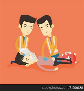 Asian paramedics doing cardiopulmonary resuscitation of young man. Team of professional emergency doctors during process of resuscitation of injured man. Vector flat design illustration. Square layout. Paramedics doing cardiopulmonary resuscitation.