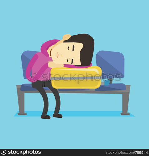 Asian passenger sleeping on luggage in airport. Exhausted man sleeping on suitcase at airport. Young man waiting for a flight and sleeping on suitcase. Vector flat design illustration. Square layout.. Exhausted man sleeping on suitcase at airport.